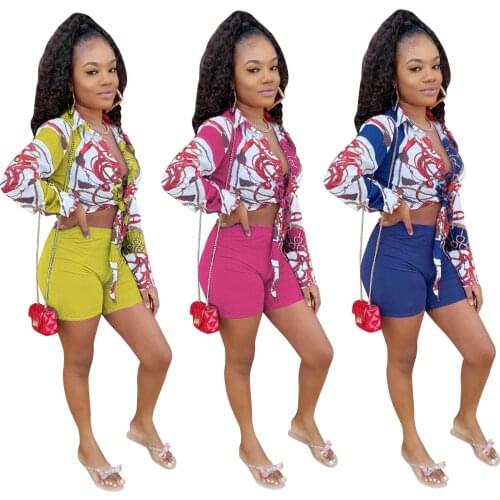 Echoine Women Fashion Casual Printed Shirt Tie Up Two-Piece Set Fitness Short Pants Jogger Female Sports Casual Female Tracksuit