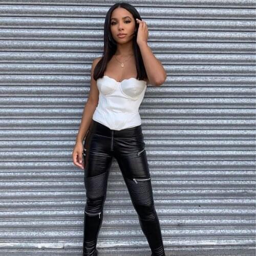 Melody Autumn Winter Slim Feet PU Leather Pants Zipper Black Skinny Leather Pants Women Trouser Stage Club Wear Biker Pants