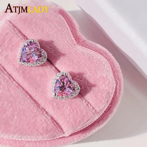 2021 Fashion Square Heart Shaped Iced Out Bling Pink Cubic Zirconia Pierced Earrings Elegant Simple Girlfriends Women Jewelry