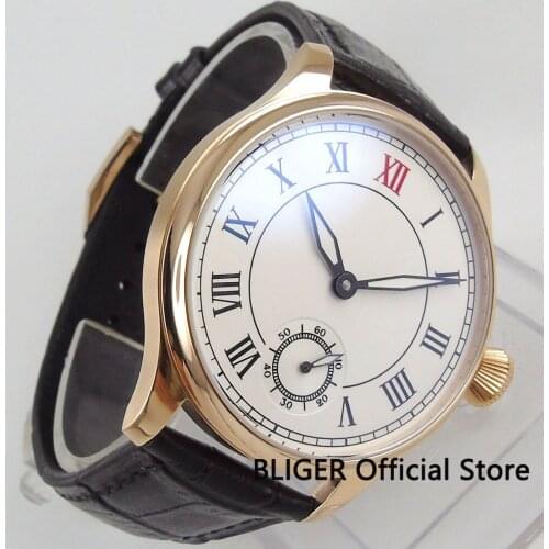 44MM White Sterile Dial Stainless Steel Rose Golden Case Black Roman Numerals 17 Jewels 6498 Hand Winding Movement Mens Watch