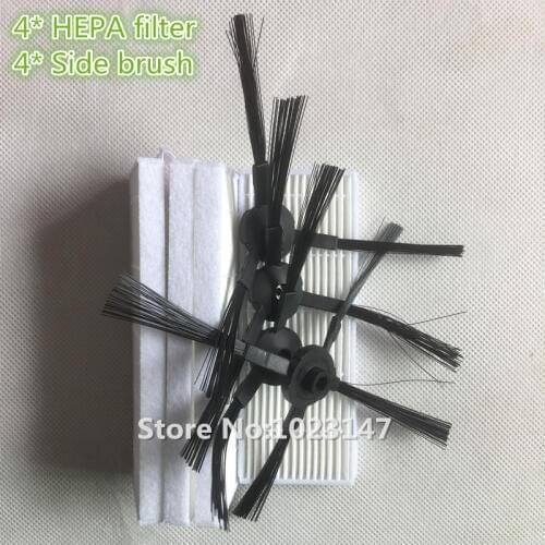 4x A4 Robot Side Brush + 4x HEPA filter kit for ilife A4 A4s A6 Robotic Vacuum Cleaner Parts