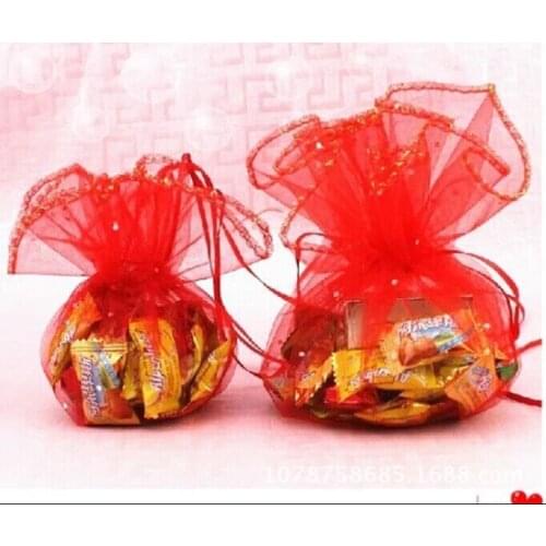 500pcs diameter 26cm red Round Sachet Organza Bag Drawstring jewelry packaging bags for Wedding/gift/food/candy/Christmas