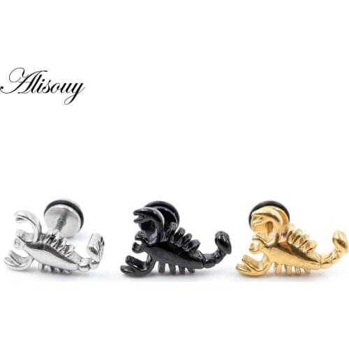 Alisouy 2pcs Unisex Gothic Punk Stainless Steel Casting Scorpion Dumbbell Barbell Piercing Men Women Screw Ear Stud Earrings