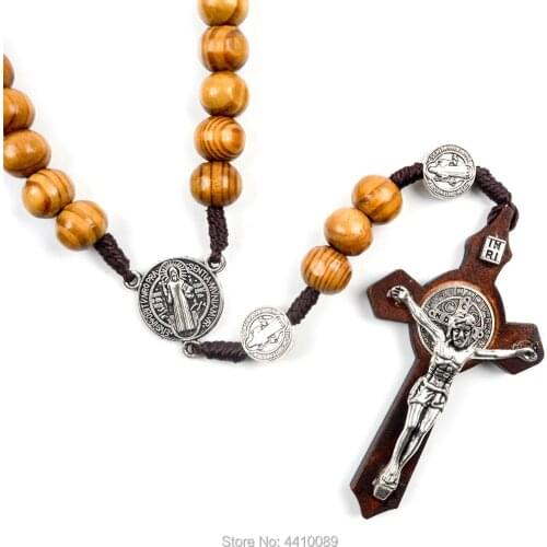 Wood Beads Saint Benedict Men Necklace Rosary Wooden Beads