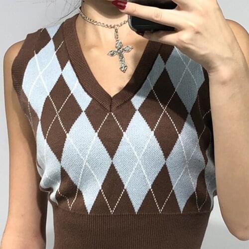 Women Multicolor Argyle Plaid Knitted Vest V-Neck Slim Sleeveless Crop Sweater
