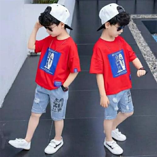 Boys Clothes T-shirts + Jean Shorts 2PCS Sport Suit For Boy Teenage Children Kids Clothing 6 8 10 12 13 Year