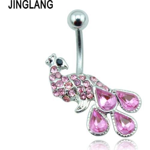 JINGLANG Free Shipping Belly Button Rings 316L Stainless Steel Barbell 2 Style Rhinestone Peacock Navel Piercing Jewelry