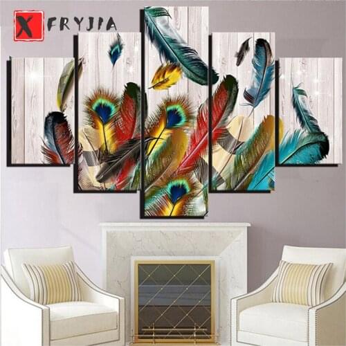 5Pcs Colored Feathers Diamond Painting Rhinestone Full Square Round 5D Diy Diamond Embroidery Cross Stitch Wall Stickers decor