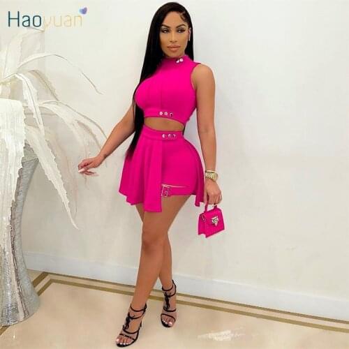 HAOYUAN Two Piece Set Sleeveless Crop Top Shorts Mini Skirts Suit Nail Buckle Summer Outfits for Women Sexy Club Matching Sets
