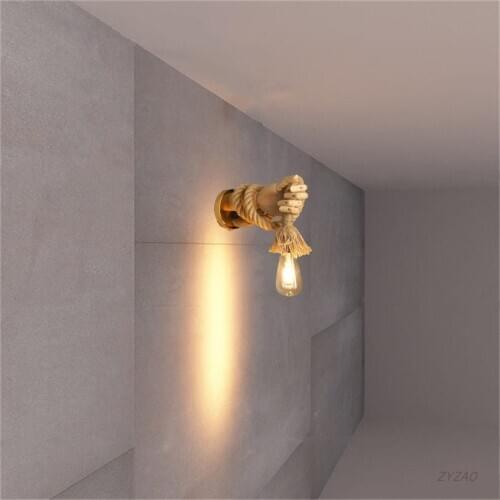 Creative Hand Shape Wall Light Retro Industrial Loft Hemp Rope Wall Lamps Corridor Aisle Bar Restaurant E27 Wall Decoration Lamp