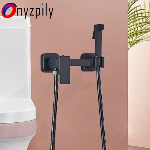 Onyzpily Matte Black Bidet Faucet Brass Shower Tap Washer Mixer Cold Hot Water Mixer Crane Square Shower Toilet Sprayer Head