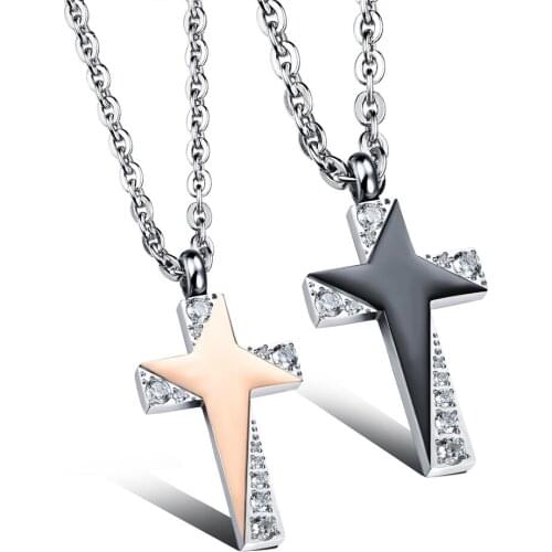 Stainless Steel Zircon Black Rose Gold Color Cross Shape Pendant Necklace Women Men Couple Necklaces Anniversary Jewelry Gift