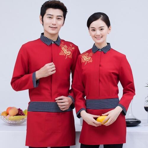 Autumn Winter Hotel Hot Pot Uniform Restaurant Catering Waiter Working Clothing Long Sleeves Overall Uniform Women Men Workwear