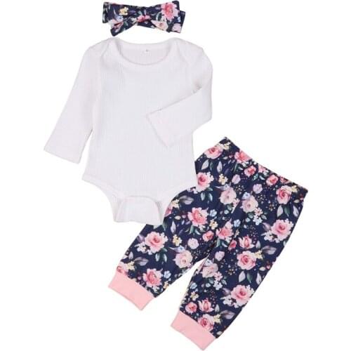 Autumn 3PCS Newborn Baby Girls Flower Printed Long Sleeve Bodysuit Pants Headband Toddler Instagramable Outfits 0-24M