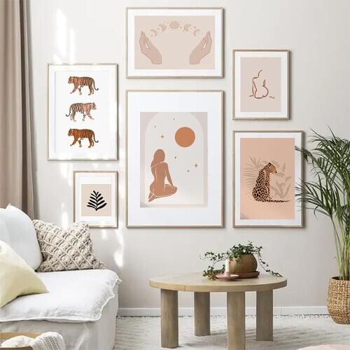 Boho Matisse Leopard Poster Modern Abstract Painting Crescent Moon Hands Posters and Prints Line Woman Living Room Decoration