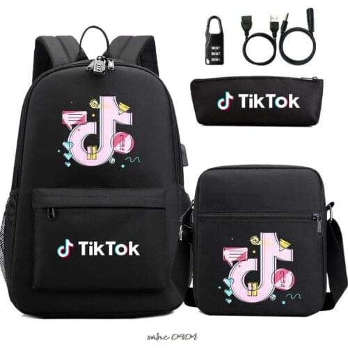 Tik Tok School Bag Students Kids USB Backpack 3pcs Teenager Backpacks Fashion Childrens Tik Tok Schoolbag
