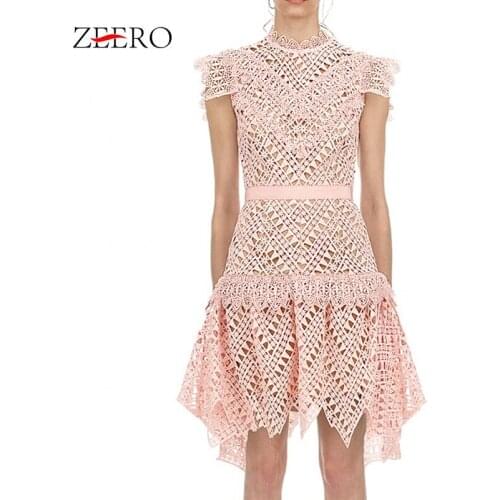 Self Portrait Women Runway Sleeveless Hollow Out Pink Irregular Lace Beach Dress Elegant Ruffles Party Mini Dresses Vestidos