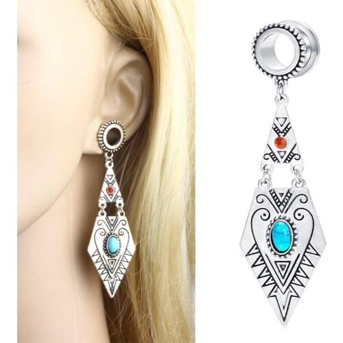 Megin D Stainless Steel Titanium Turquoise Stone Boho Vintage Ear Hole Piercing Stud Hook Earrings for Women Couple Gift Jewelry