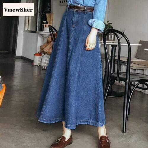 VmewSher New Autumn Winter Women Denim Skirt Mid-calf Long Office Lady Elegant Pleated A-line Chic Jean Skirts with Belt Pocket