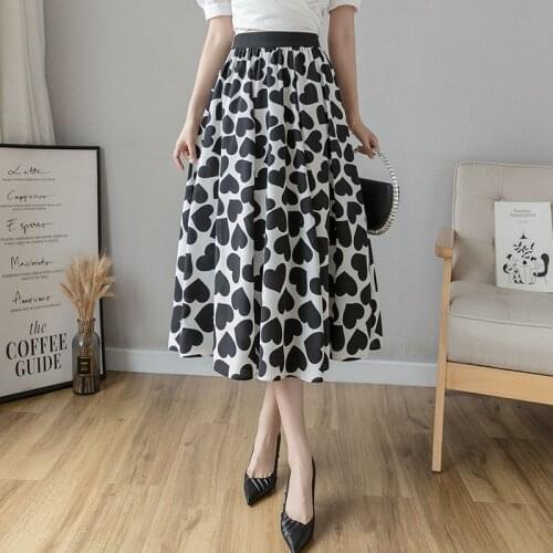 New Fashion Elegent Vintage Love Print White Skirts For Women Summer High Waist Floral Loose Midi Skirt Beige Mujer Faldas
