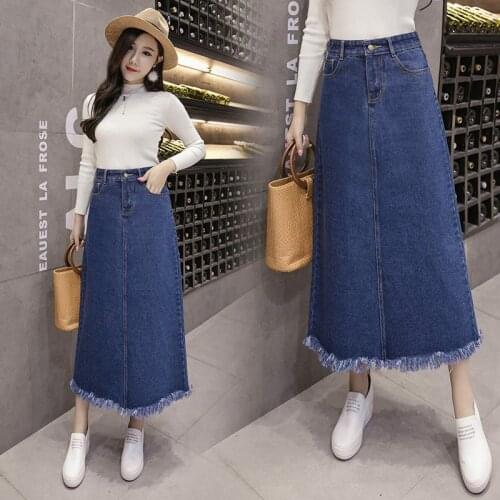 Summer women clothing denim fabric washed split skirts mid-calf length high waist women skirts cowboy solid color