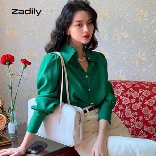 Zadily 2021 Autumn Vintage Green Puff Long Sleeve Women Chiffon Shirt Office Lady Folds Button Up Blouse Party Female Clothing
