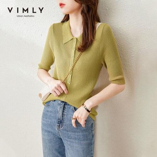 Vimly Spring Knitted Shirts For Women 2021 Fashion Single Breasted Solid Half Sleeve Cardigan Elegant Clothes Female Tops F5692