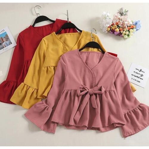 Womens Spring Summer V neck Flare Sleeve Vintage Bow Chiffon Shirt Female High Waist Chiffon Tees Tops TB686
