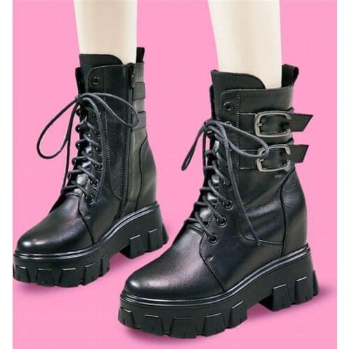 Military Punk Womens Genuine Leather Platform Wedge Ankle Boots High Heels Lace Up Buckle Oxfords Pumps 34 35 36 37 38 39