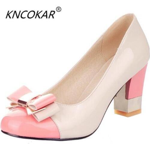 KNCOKAR Hot Women Pumps Shallow Color Block Thick High Heels Shoe Sweet and Hard Color Bow High Bowtie Pink Size 34-43