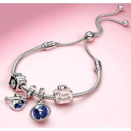 Silver Color Airplane & Earth Pendant Charm Bracelets With Bag & Camera Beads Adjustable Chain Bracelet For Women Jewelry Gift