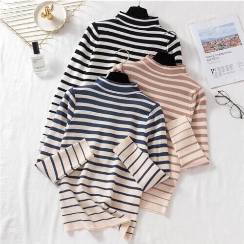 Autumn and Winter Woman Sweaters Fashion Mock Turtleneck Long Sleeve Stripe Knitted Womens Sweaters Pullovers Slim Lady Sweaters