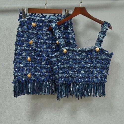 2021 Autumn Luxury Women New Tassel Tweed Vest Tank Tops With A-Line Skirt Female Fashion Suits Sets 2 Color For Ladies