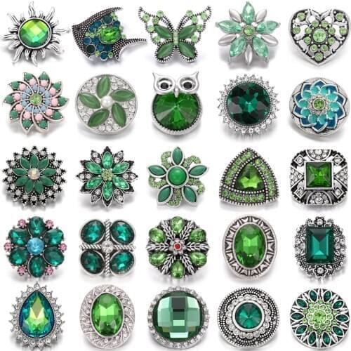6pcs/lot New Snap Button Jewelry Lots Green Rhinestone Flower Snap Buttons Fit Leather Silver color 18mm Snap Bracelet Bangles