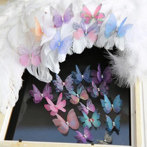 AHYONNIEX Double Layer Satin Chiffon Yarn Butterfly Patches Sew on Applique For Bride Wedding Baby DIY Hair Earring Accessories