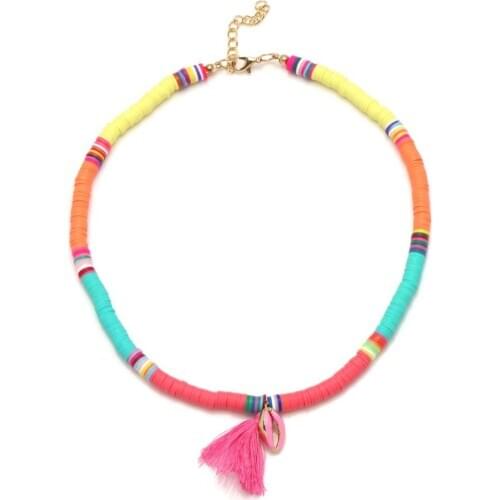 Boho Colorfu Polymer Clay Heishi Beads Cowrie Seashell Tassels Necklace Women Girl Summer Eco-friendly Beads Beach Jewelry Gift