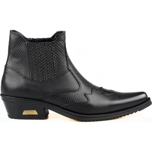 FootCourt- Black Cowboy Ankle Boots For Men Vintage Snip Toe Texas Riding Boots Stretch Men Retro Western Boots Genuine leather