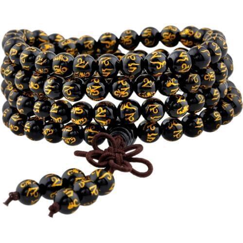 SUNYIK Black Onyx 108 Six Words Mantra Beads Bracelet Tibetan Buddhist Mala Necklace