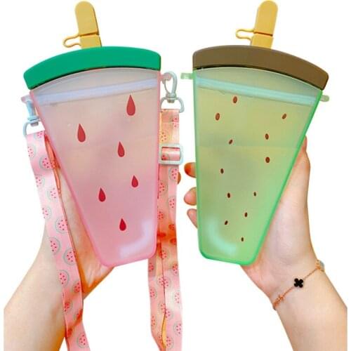 Ice Cream Bottle with Straw, Adjustable Shoulder Strap Leakproof Thick Matte Juice Drinking Cup