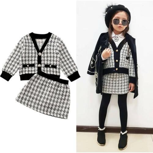 Kids Baby Girls Clothes Vingate Elegant Plaid 2Pcs Outfits V-Neck Coats Mini Skirts Children Girl Autumn Winter Formal Outfits