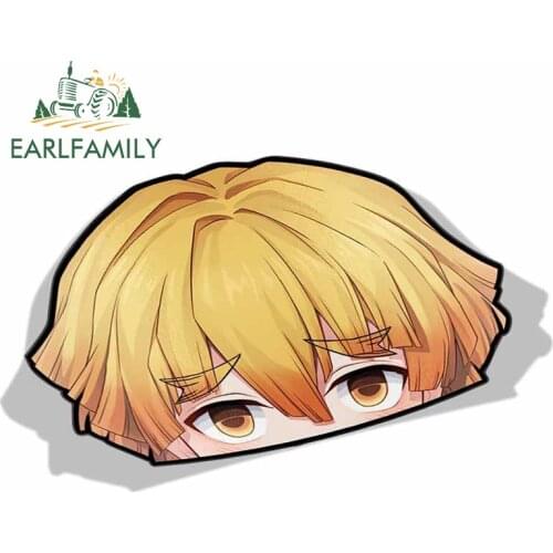 EARLFAMILY 13cm x 8cm for Zenitsu Agatsuma Demon Slayer Peeker Anime Big Head Vinyl Car Sticker JDM Window Trunk Decal