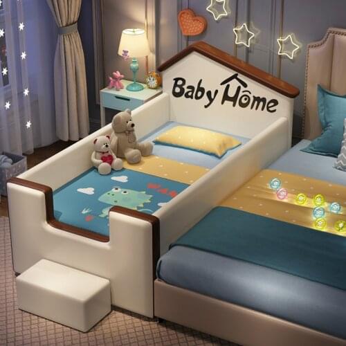 Louis Fashion Cartoon Childrens Bed Splicing Girl Boy with Guardrail Widened Princess Single Cot European Baby Leather Bed