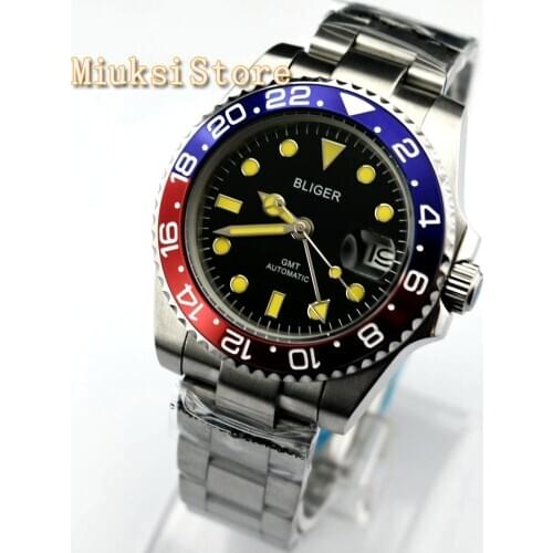 40mm Bliger Silver Case Sapphire Glass Black Dial Luminous Hands GMT Date Window Automatic Mens top luxury mechanical Watch