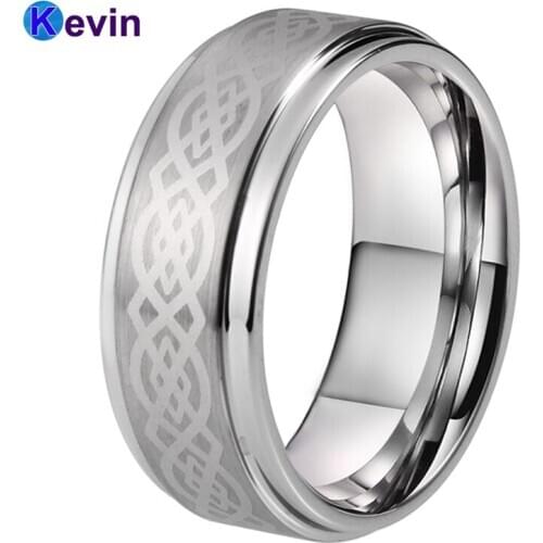 Mens Wedding Band Tungsten Engraved ring Step Edges Comfort Fit