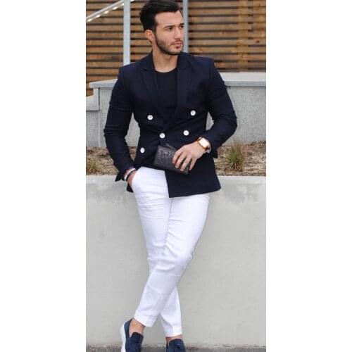 2017 Latest Coat Pant Design Navy Blue Double Breasted Men Suit Casual Blazer Skinny Tuxedo Custom Jacket Style Suits Masculino