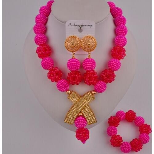Newest fuchsia pink african beads jewelry set FZZ105