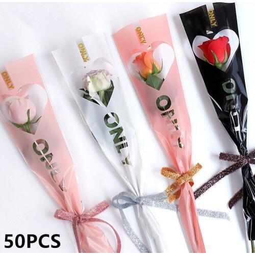 New 50pcs Love shape Single Flower Bags Opp Bags Rose Flower Bags Flower Gift bags Wedding Valentines Day Gifts Supply