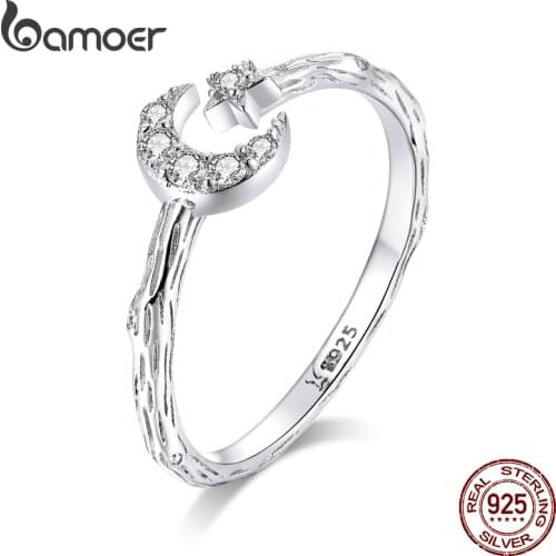 Bamoer Vintage 925 Sterling Silver Moon and Star Open Adjustable Finger Rings for Women Retro Stylish Jewelry New SCR638