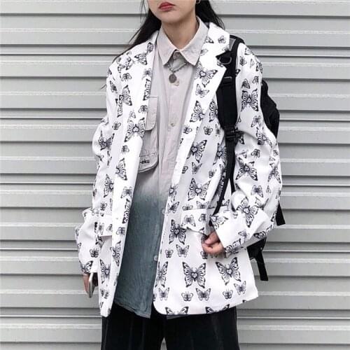 Vintage Butterfly Print Blazers Women New Korean Loose Long Sleeved Suit Jackets Female 2021 Fashion Clothing