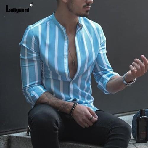 Sexy Mens clothing Baisc Shirts England Style 2021 Autumn Long Sleeve Model Stripe Blouse Casual Shirt Men Skinny Top Streetwear